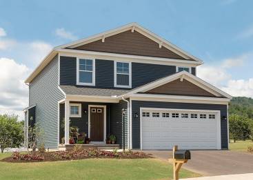  The Rosewood C - S&A Homes Streamline Series - front exterior - 2 story Craftsman style home with front porch, vinyl siding, and two car garage with glass panels 